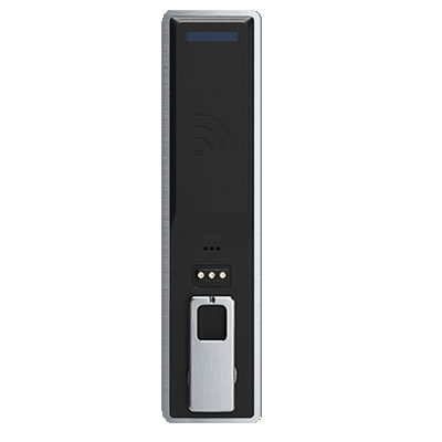 A sleek, black electronic RFID lock for mailboxes with touchless operation.