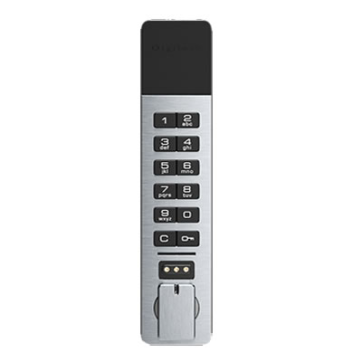 A sleek, black electronic lock with a keypad and smartphone functionality.