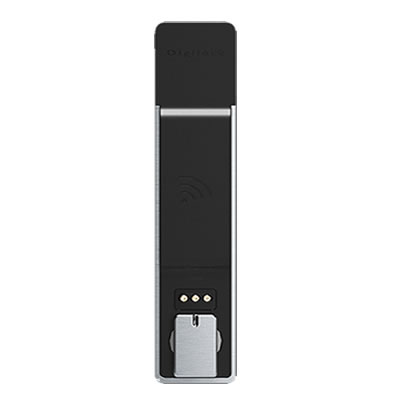 A sleek, black electronic lock that can be operated by a smartphone or RFID fob.